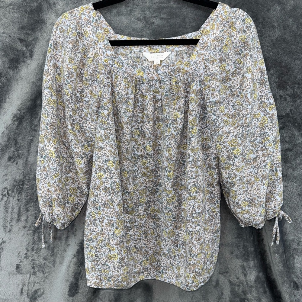 LC Lauren Conrad Square Neck Blue Floral Peasant Top Blouse 3/4 Sleeve Size XS